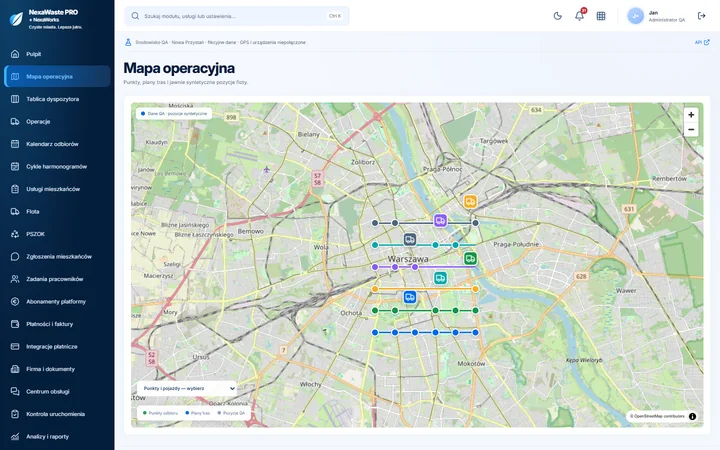 Mapa operacyjna — prawdziwy ekran wersji pilotażowej z danymi fikcyjnymi