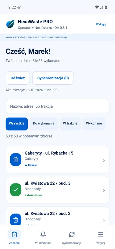 Plan dnia kierowcy — prawdziwy ekran wersji pilotażowej z danymi fikcyjnymi