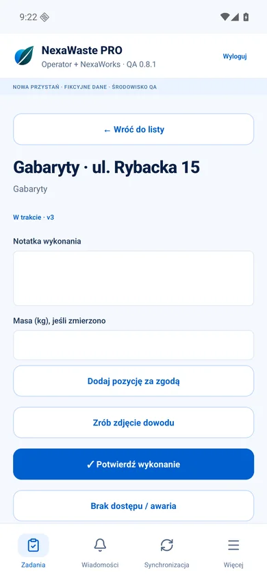 Zadanie i dowód wykonania — prawdziwy ekran wersji pilotażowej z danymi fikcyjnymi