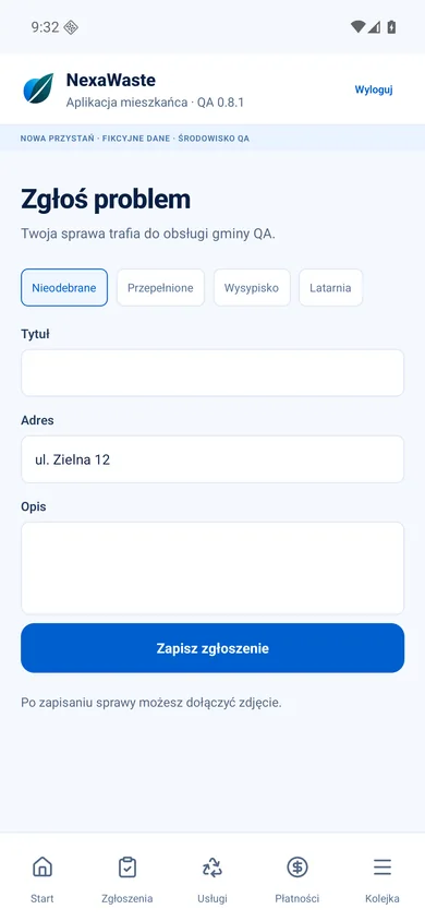 Zgłoś problem — prawdziwy ekran wersji pilotażowej z danymi fikcyjnymi