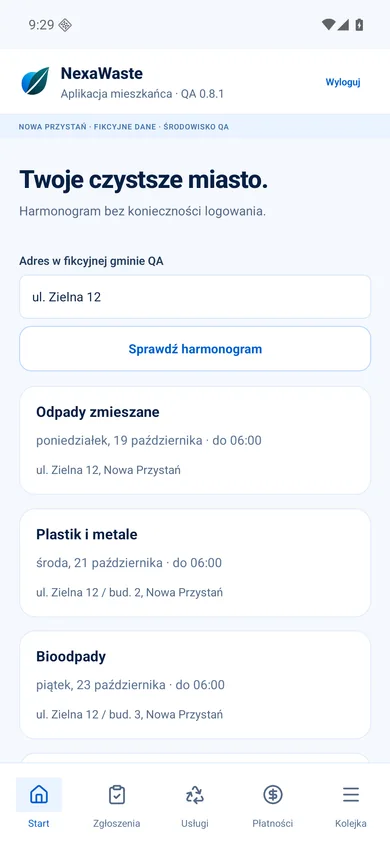 Harmonogram mieszkańca — prawdziwy ekran wersji pilotażowej z danymi fikcyjnymi