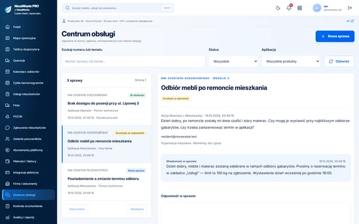 Centrum obsługi — prawdziwy ekran wersji pilotażowej z danymi fikcyjnymi
